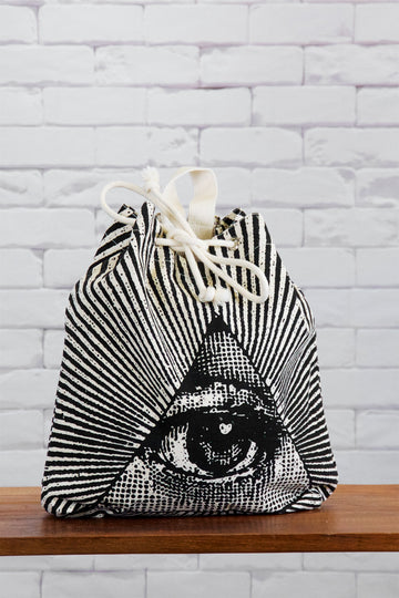Backpack | Triangle Eye - backpack, black and white, book bag, canvas, day bag, day pack, drawing, eye, eyes, hand printed, illuminati eye, regular backpack - Wander Emporium