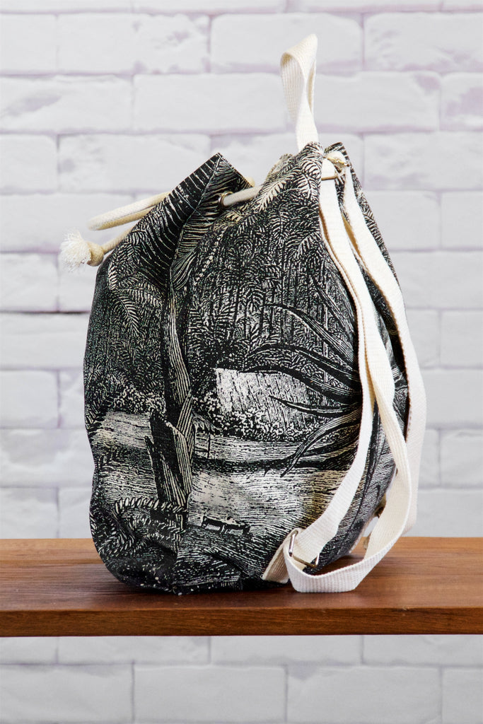 Backpack | Wild Tropics - backpack, black and white, book bag, canvas, day bag, day pack, drawing, hand printed, regular backpack, wild, wild flowers, wild tropics - Wander Emporium