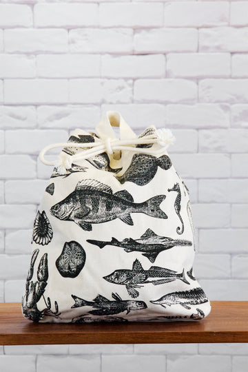 Backpack | Sea Creatures - backpack, black and white, book bag, canvas, day bag, day pack, drinks, hand printed, regular backpack, sea, sea creatures, seahorse, seashells - Wander Emporium