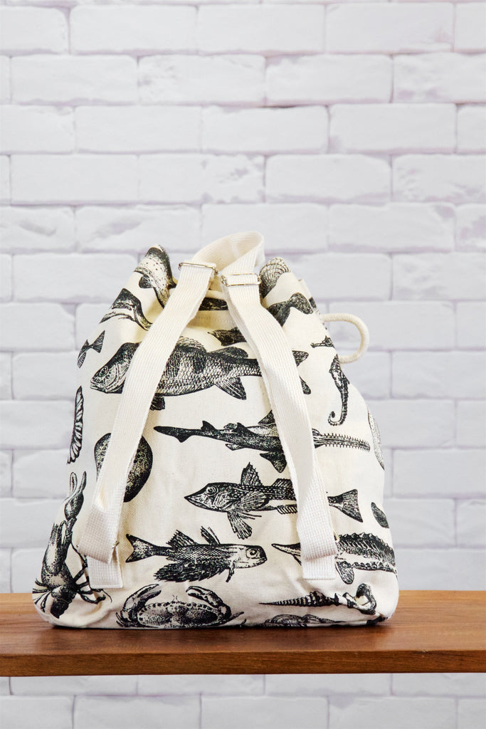 Backpack | Sea Creatures - backpack, black and white, book bag, canvas, day bag, day pack, drinks, hand printed, regular backpack, sea, sea creatures, seahorse, seashells - Wander Emporium