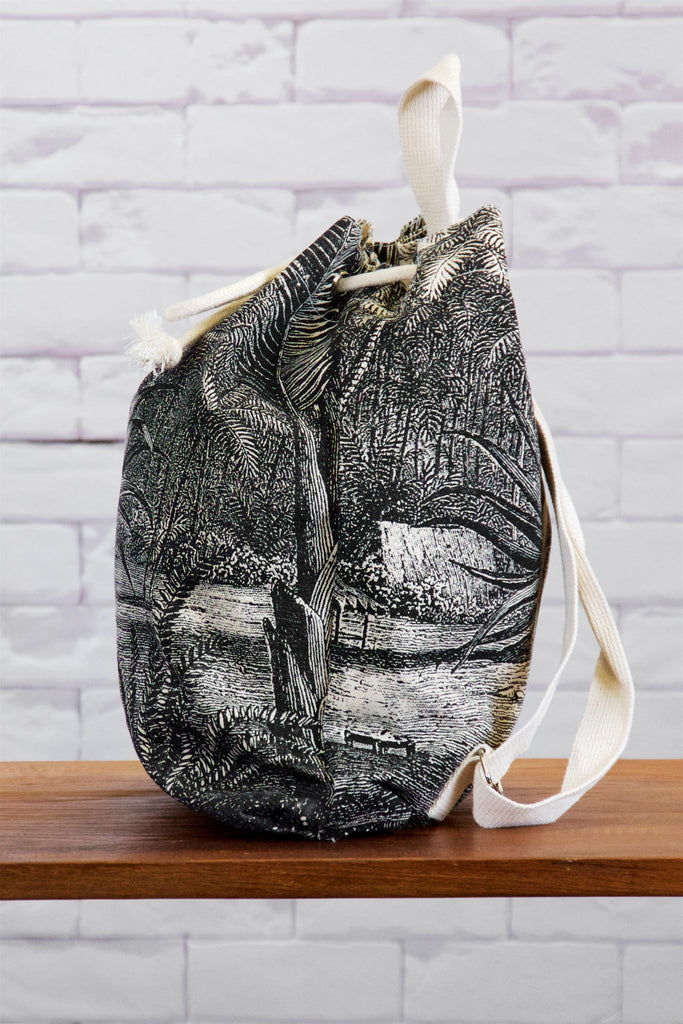 Backpack | Wild Tropics - backpack, black and white, book bag, canvas, day bag, day pack, drawing, hand printed, regular backpack, wild, wild flowers, wild tropics - Wander Emporium
