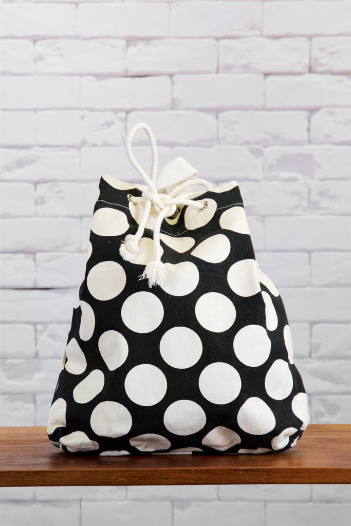 Backpack | Dots - backpack, black and white, book bag, canvas, day bag, day pack, dots, drinks, hand printed, pokadots, polka dots, regular backpack - Wander Emporium