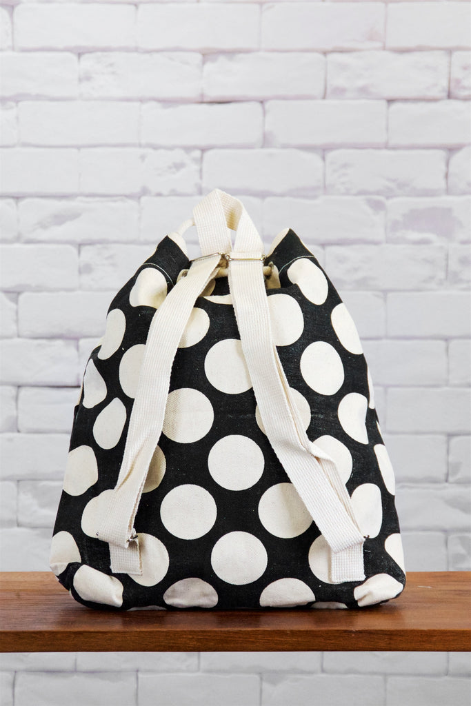 Backpack | Dots - backpack, black and white, book bag, canvas, day bag, day pack, dots, drinks, hand printed, pokadots, polka dots, regular backpack - Wander Emporium