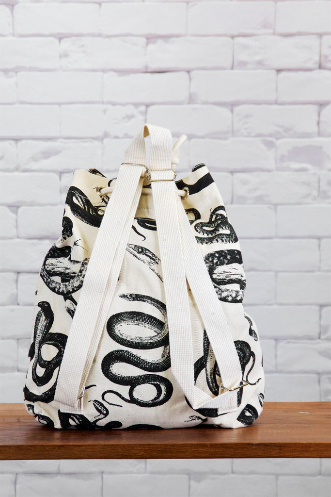 Backpack | Snakes - backpack, black and white, book bag, canvas, day bag, day pack, hand printed, rattlesnake, regular backpack, snake, snakes - Wander Emporium