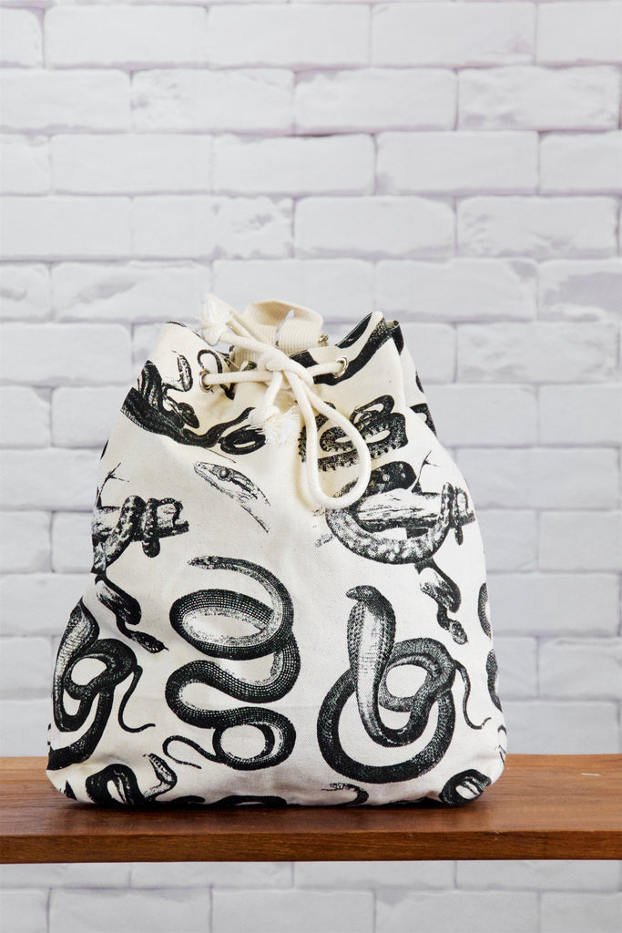 Backpack | Snakes - backpack, black and white, book bag, canvas, day bag, day pack, hand printed, rattlesnake, regular backpack, snake, snakes - Wander Emporium