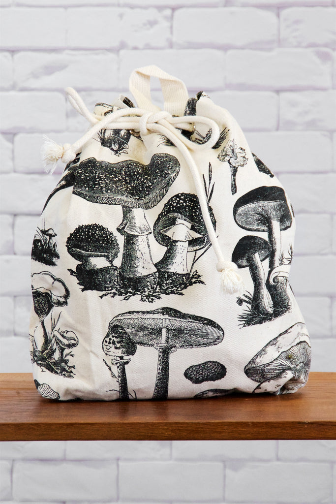 Backpack | Mushrooms - backpack, black and white, book bag, canvas, day bag, day pack, drawing, hand printed, morel, mushroom, mushrooms, porcini, regular backpack, wild - Wander Emporium