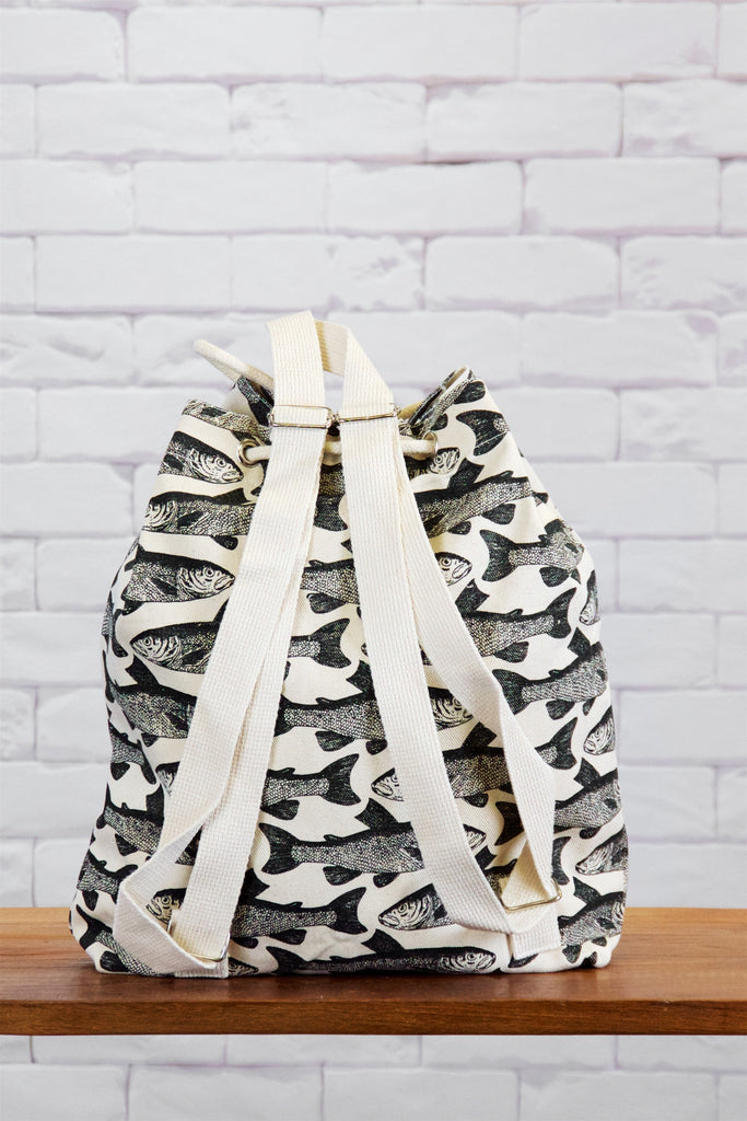 Backpack | Fish - backpack, black and white, book bag, canvas, day bag, day pack, fish, hand printed, regular backpack, school of fish - Wander Emporium