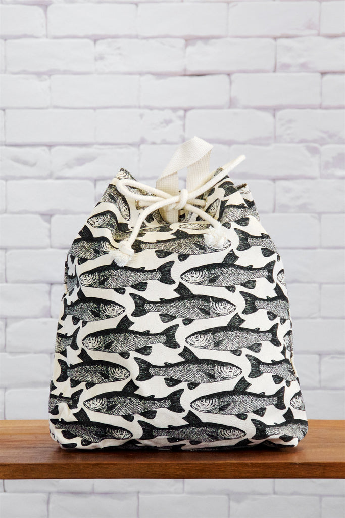 Backpack | Fish - backpack, black and white, book bag, canvas, day bag, day pack, fish, hand printed, regular backpack, school of fish - Wander Emporium