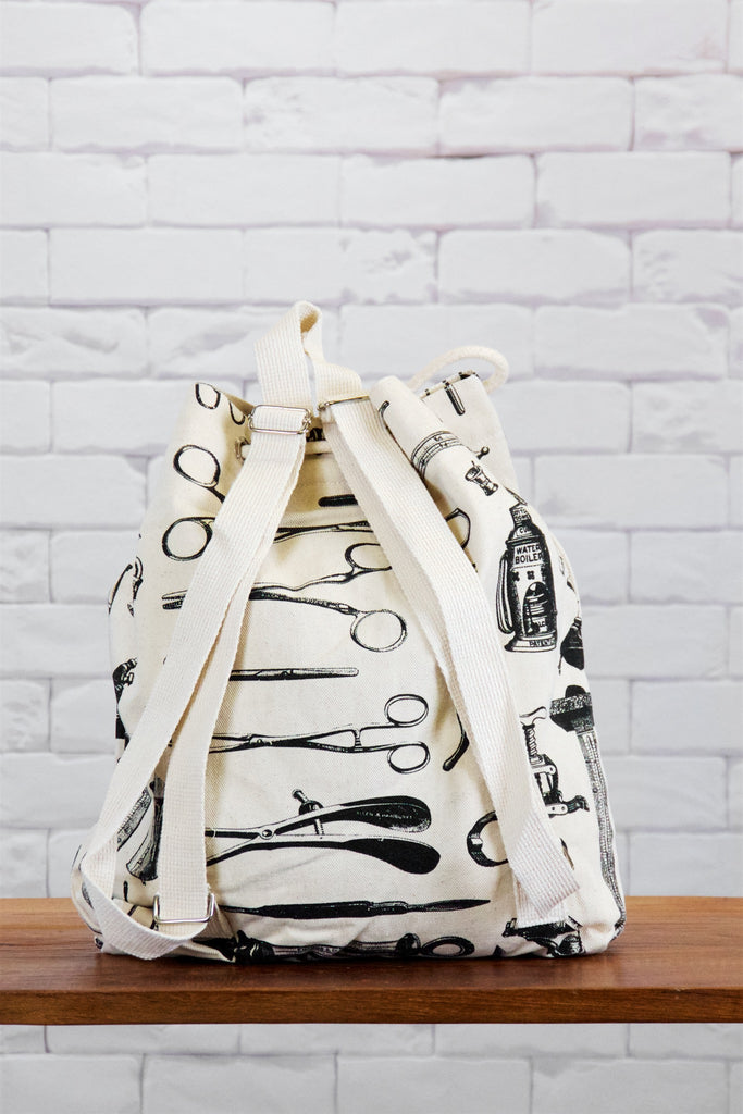 Backpack | Tools - backpack, black and white, book bag, canvas, day bag, day pack, hand printed, pack, regular backpack - Wander Emporium