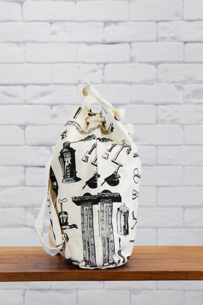 Backpack | Tools - backpack, black and white, book bag, canvas, day bag, day pack, hand printed, pack, regular backpack - Wander Emporium
