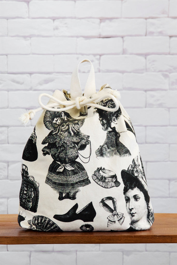 Backpack | Victorian Fashion - backpack, black and white, book bag, canvas, day bag, day pack, hand printed, pack, regular backpack, victoria, victorian fashion, victorian style - Wander Emporium