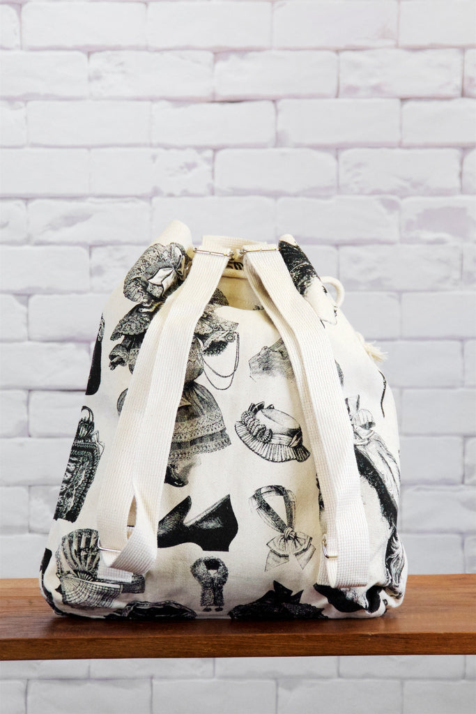Backpack | Victorian Fashion - backpack, black and white, book bag, canvas, day bag, day pack, hand printed, pack, regular backpack, victoria, victorian fashion, victorian style - Wander Emporium