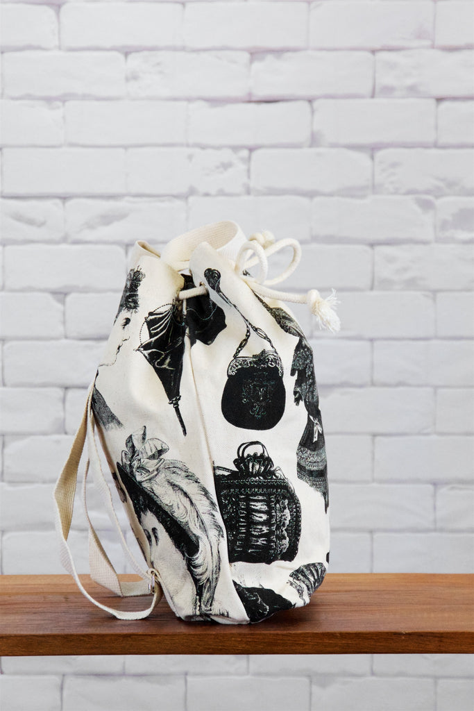 Backpack | Victorian Fashion - backpack, black and white, book bag, canvas, day bag, day pack, hand printed, pack, regular backpack, victoria, victorian fashion, victorian style - Wander Emporium