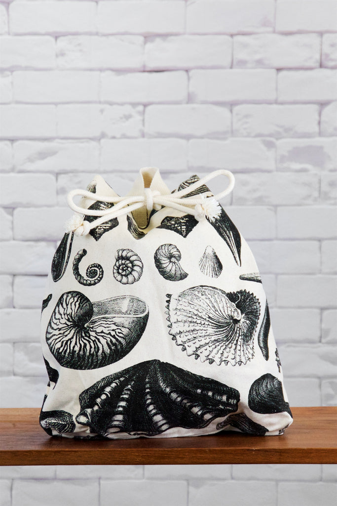 Backpack | Shells - backpack, black and white, book bag, canvas, caracol shell, day bag, day pack, hand printed, pack, regular backpack, sea, seashells, Shell, shell pattern, shells - Wander Emporium