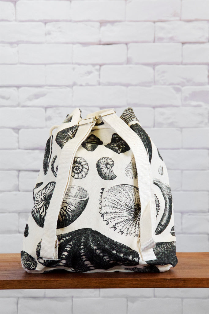 Backpack | Shells - backpack, black and white, book bag, canvas, caracol shell, day bag, day pack, hand printed, pack, regular backpack, sea, seashells, Shell, shell pattern, shells - Wander Emporium