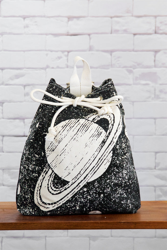Backpack | Saturn - backpack, black and white, book bag, canvas, day bag, day pack, hand printed, jupiter, outer space, pack, PLANET, planets, regular backpack, space - Wander Emporium