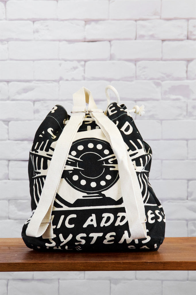 Backpack | Sound System - backpack, black and white, book bag, canvas, day bag, day pack, hand printed, PA system, pack, regular backpack, sound, sound system - Wander Emporium