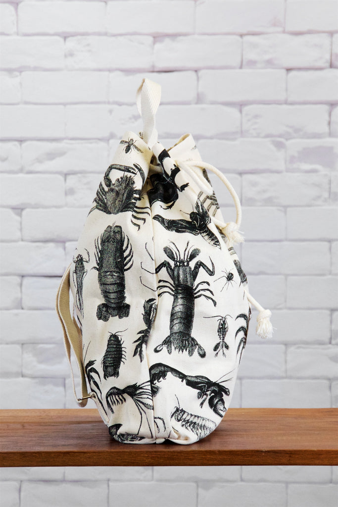 Backpack | Aragosta - backpack, black and white, book bag, canvas, crab, crabs, day bag, day pack, hand printed, lobster, pack, regular backpack, sea creatures, seashells - Wander Emporium