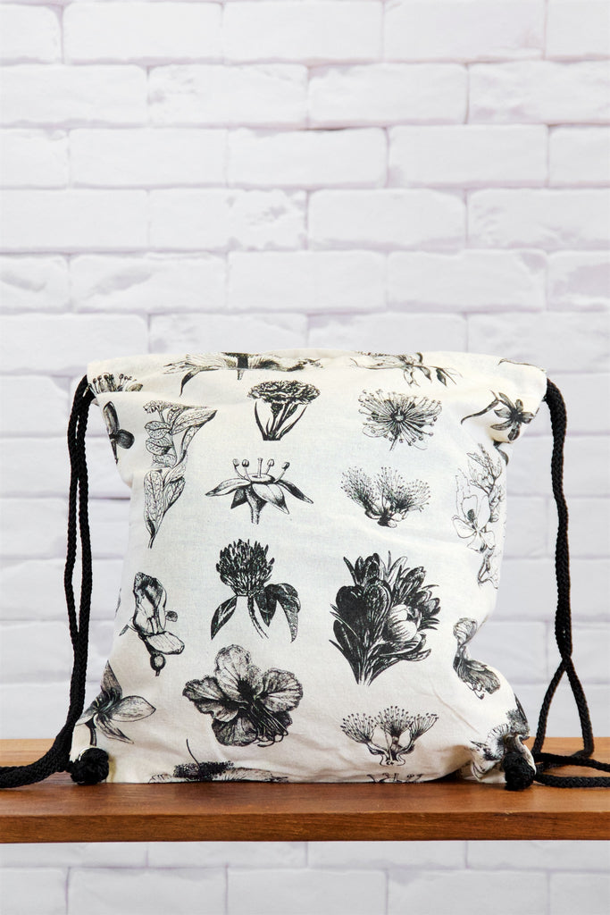 Drawstring Backpack | Wild Flowers - backpack, black and white, blooms, book bag, canvas, drawing, drawstring, flowers, flowersflower, gymsack, hand printed, wild, wild flowers - Wander Emporium
