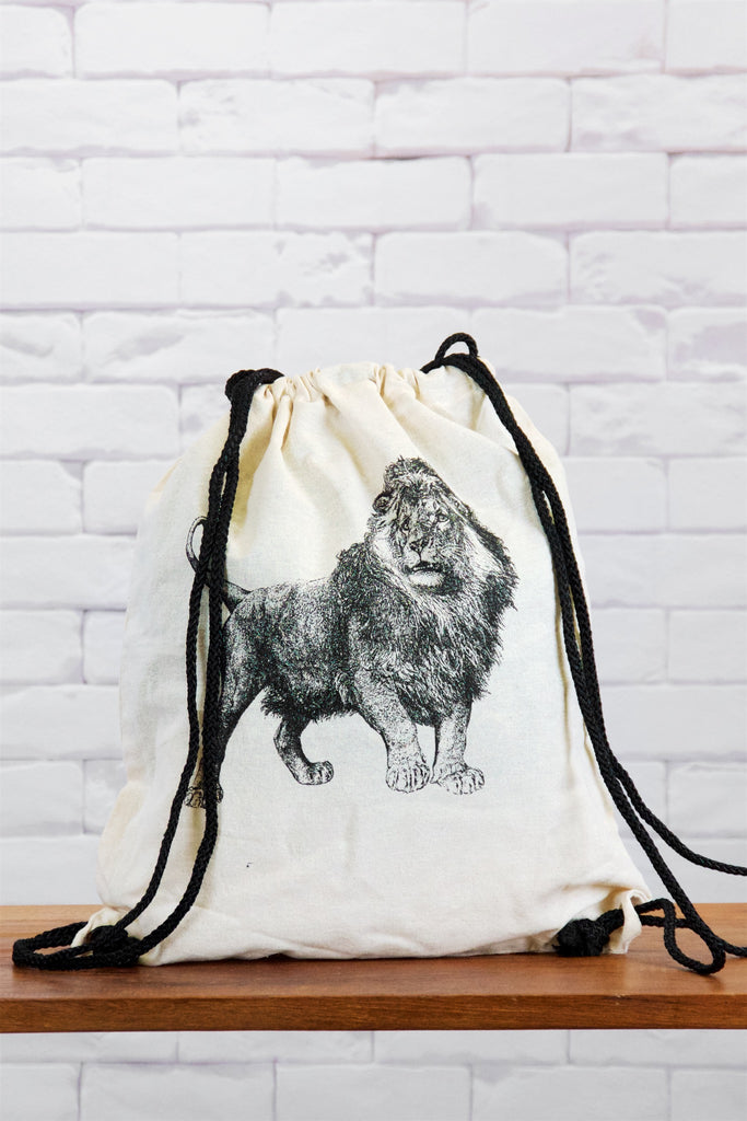 Drawstring Backpack | Lion - anatomy drawing, anatomy print, backpack, big cat, black and white, book bag, canvas, drawing, drawstring, hand printed, lion, nature - Wander Emporium