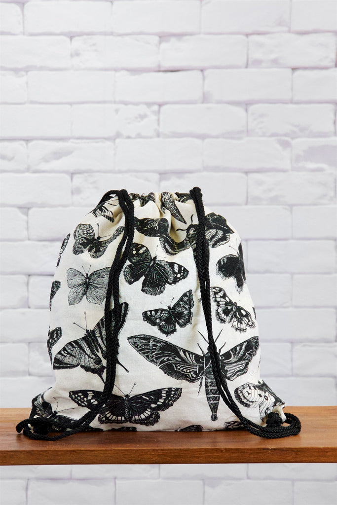 Drawstring Backpack | Moth - backpack, black and white, book bag, butterfly, canvas, drawing, drawstring, hand printed, insect, Moth, nature - Wander Emporium