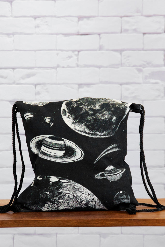 Drawstring Backpack | Planets - backpack, black and white, book bag, canvas, drawing, drawstring, hand printed, outer space, PLANET, planets, space - Wander Emporium