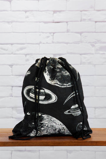Drawstring Backpack | Planets - backpack, black and white, book bag, canvas, drawing, drawstring, hand printed, outer space, PLANET, planets, space - Wander Emporium
