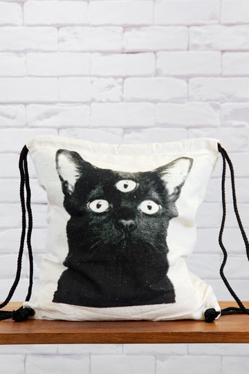 Drawstring Backpack | Cat - backpack, big cat, black and white, book bag, canvas, cat, drawing, drawstring, hand printed, third eye - Wander Emporium