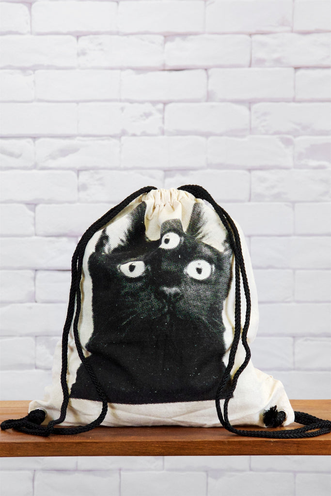 Drawstring Backpack | Cat - backpack, big cat, black and white, book bag, canvas, cat, drawing, drawstring, hand printed, third eye - Wander Emporium