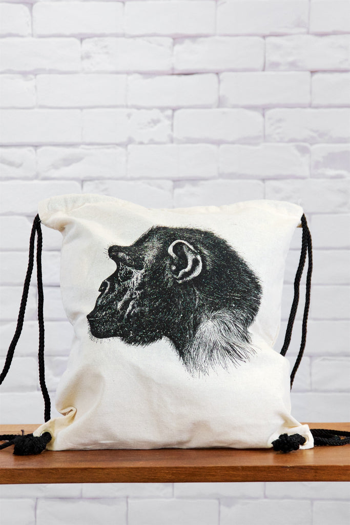 Drawstring Backpack | Monkey - backpack, black and white, book bag, canvas, drawing, drawstring, hand printed, head, monkey - Wander Emporium