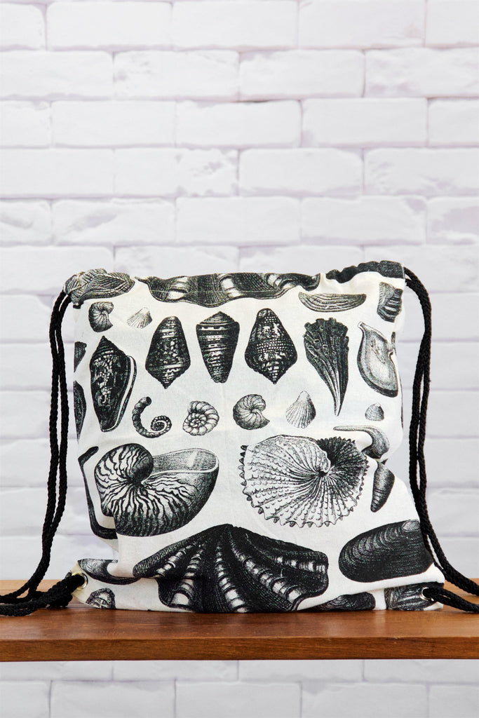 Drawstring Backpack | Shells - backpack, black and white, book bag, canvas, caracol shell, drawing, drawstring, hand printed, sea, seashells, Shell, shell pattern, shells - Wander Emporium