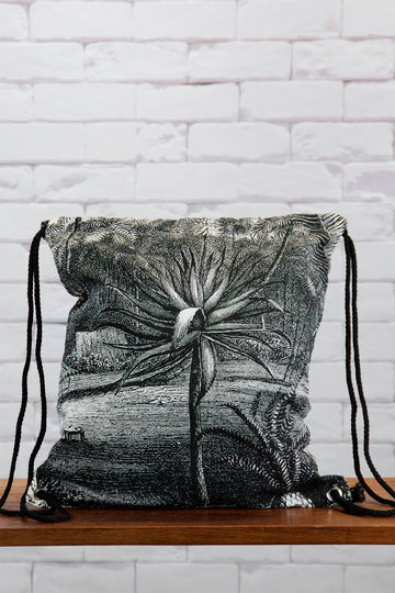 Drawstring Backpack | Wild Tropics - backpack, black and white, book bag, canvas, drawing, drawstring, gymsack, hand printed, wild, wild flowers, wild tropics - Wander Emporium