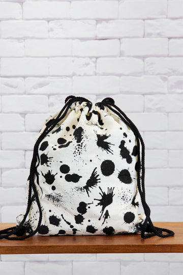 Drawstring Backpack | Splatters - art, backpack, black and white, book bag, canvas, drawing, drawstring, hand printed, paint, splash, splatters - Wander Emporium