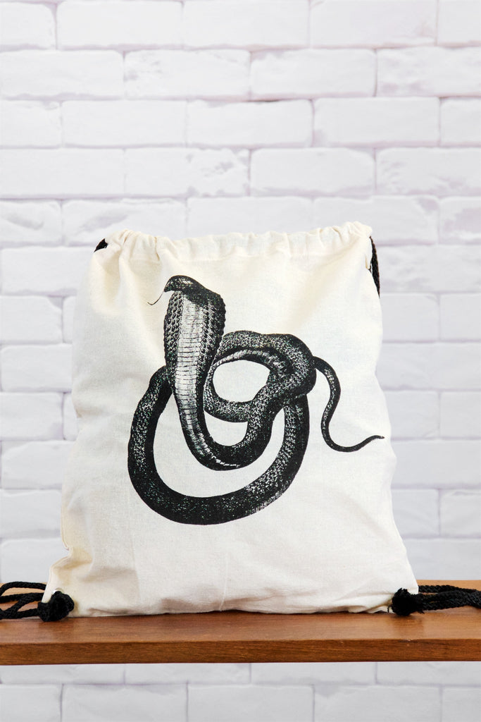 Drawstring Backpack | Snake - backpack, black and white, book bag, canvas, drawing, drawstring, hand printed, king cobra, rattlesnake, snake - Wander Emporium