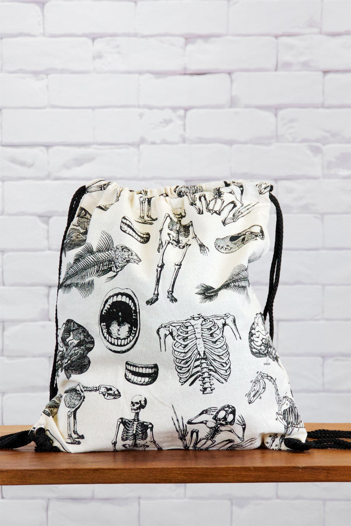 Drawstring Backpack | Biology - anatomy, anatomy drawing, anatomy print, backpack, biology, black and white, book bag, canvas, drawing, drawstring, hand printed, nature - Wander Emporium