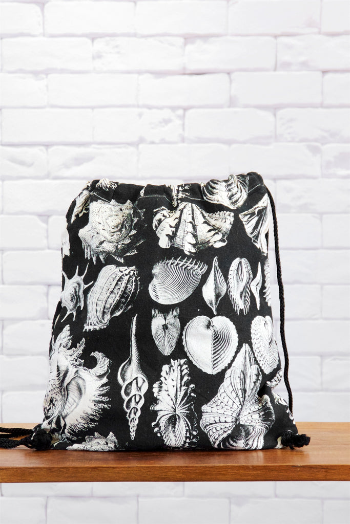 Drawstring Backpack |  Conch - backpack, biology, black and white, book bag, canvas, caracol shell, conch, drawing, drawstring, hand printed, seashells, Shell, shell pattern, shells - Wander Emporium
