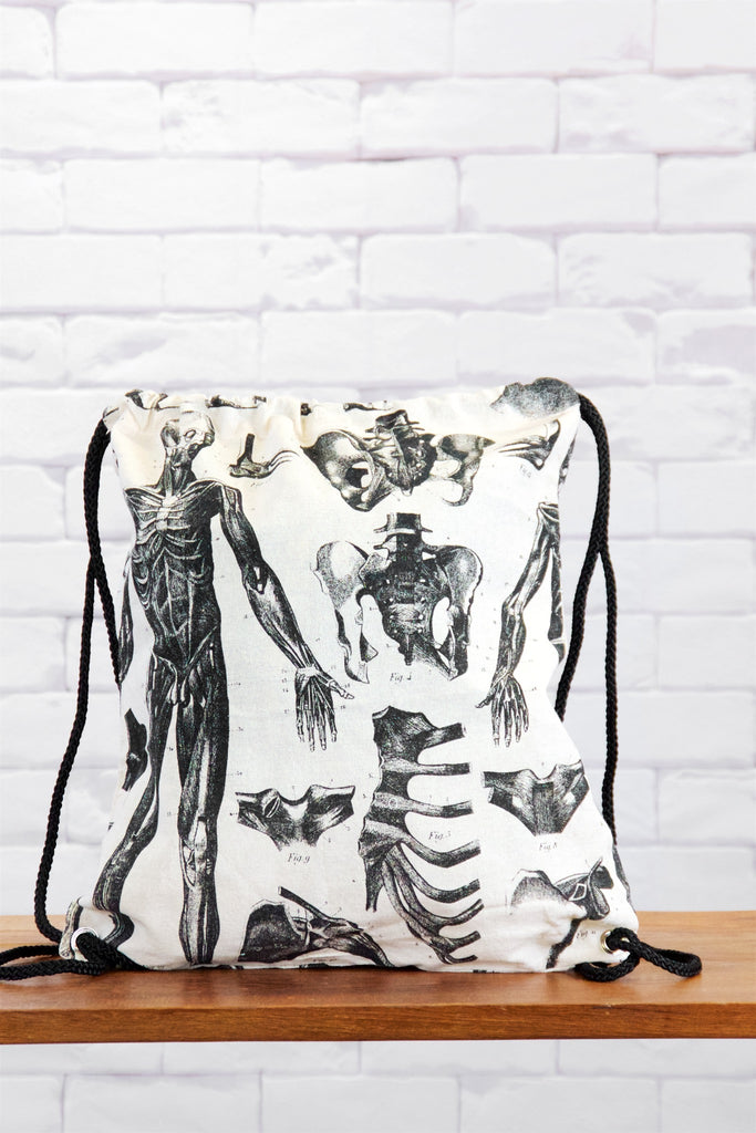 Drawstring Backpack | Anatomy - anatomy, anatomy drawing, anatomy print, backpack, biology, black and white, book bag, canvas, drawing, drawstring, hand printed, human, human body - Wander Emporium