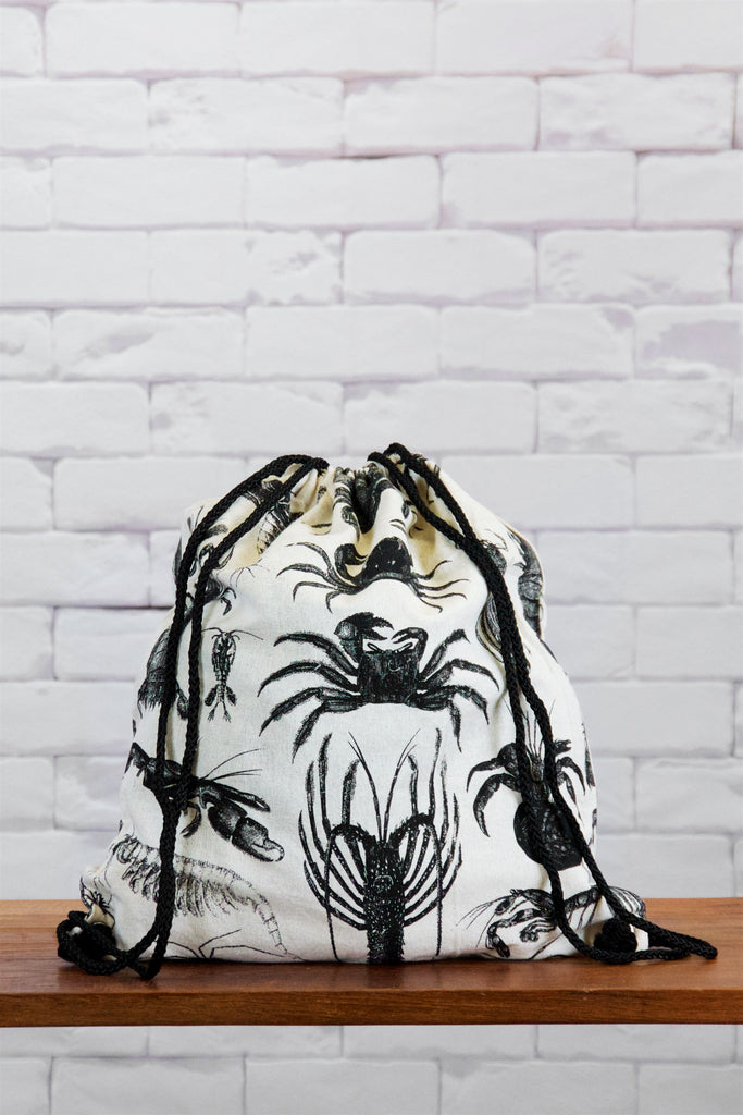 Drawstring Backpack | Crab - Aragosta, backpack, black and white, book bag, canvas, caracol shell, crab, crabs, drawing, drawstring, fishlobster, gymsack, hand printed, lobster, sea, sea creatures, shrimp - Wander Emporium