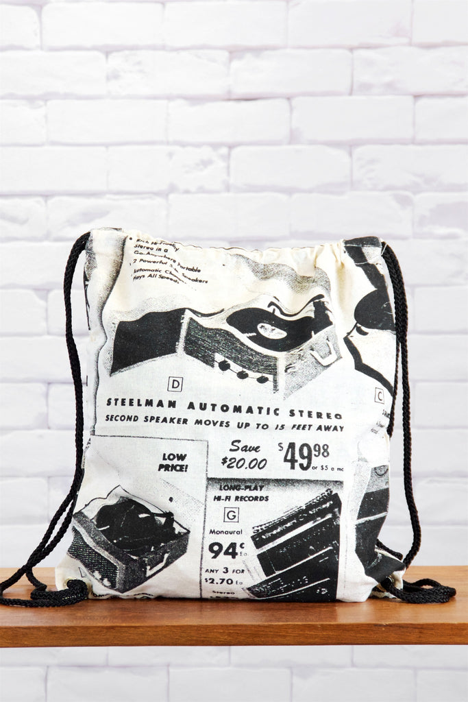 Drawstring Backpack | Record Player - backpack, black and white, book bag, canvas, drawing, drawstring, gymsack, hand printed, music, music shop, record player, records - Wander Emporium