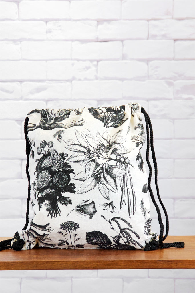 Drawstring Backpack | Wild Blooms - backpack, black and white, blooms, book bag, canvas, drawing, drawstring, gymsack, hand printed, wild, wild flowers - Wander Emporium