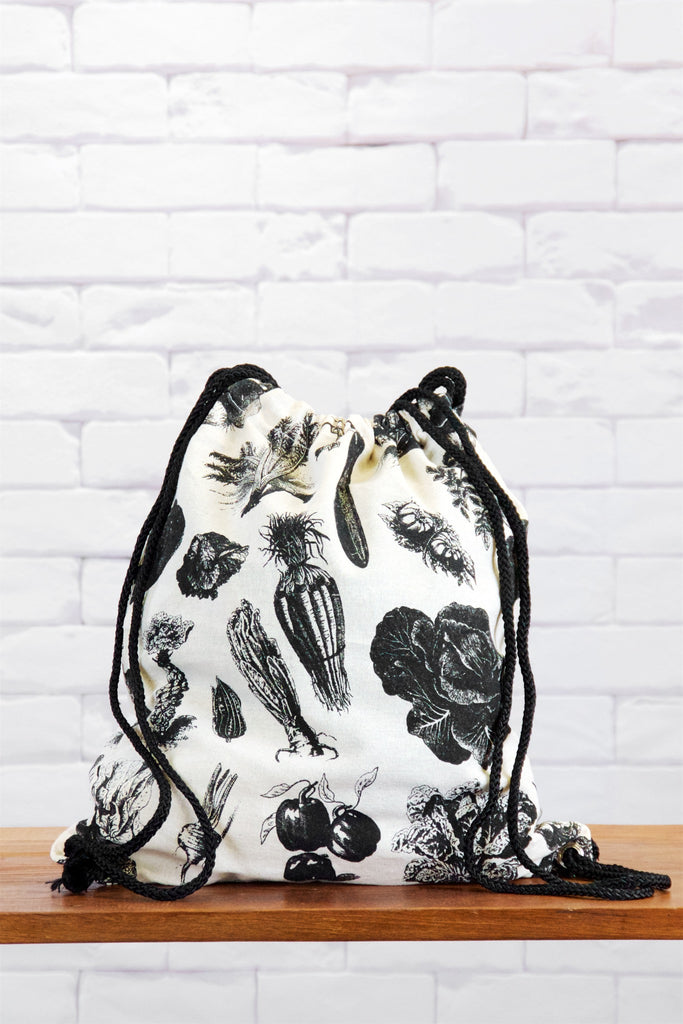 Drawstring Backpack | Vegetables - backpack, black and white, blooms, book bag, canvas, drawing, drawstring, forage, gymsack, hand printed, vegetables, wild - Wander Emporium