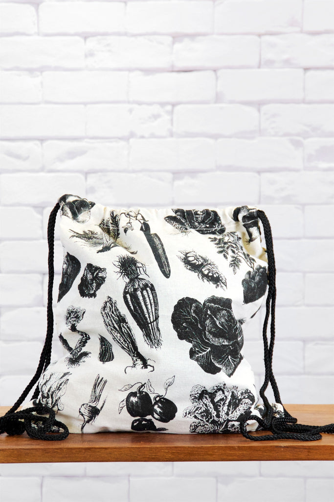 Drawstring Backpack | Vegetables - backpack, black and white, blooms, book bag, canvas, drawing, drawstring, forage, gymsack, hand printed, vegetables, wild - Wander Emporium