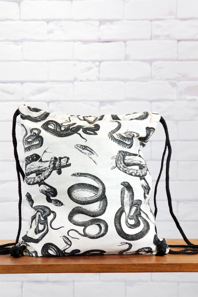 Drawstring Backpack |  Snakes - backpack, black and white, blooms, book bag, canvas, drawing, drawstring, gymsack, hand printed, rattlesnake, snake, snakes - Wander Emporium