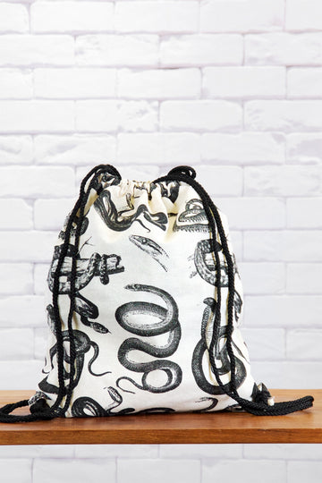 Drawstring Backpack |  Snakes - backpack, black and white, blooms, book bag, canvas, drawing, drawstring, gymsack, hand printed, rattlesnake, snake, snakes - Wander Emporium