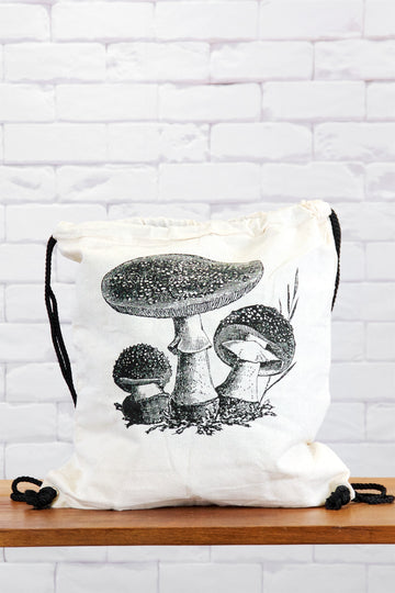 Drawstring Backpack | Mushroom - backpack, black and white, book bag, canvas, drawing, drawstring, gymsack, hand printed, mushroom, mushrooms, porcini - Wander Emporium