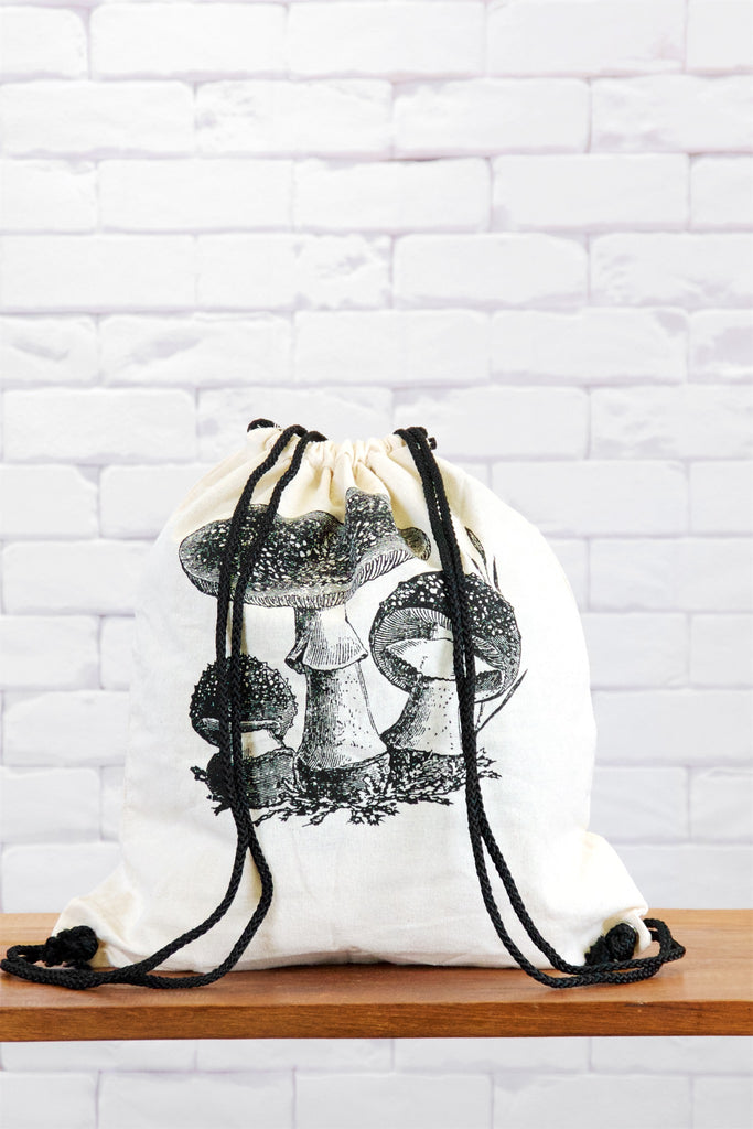 Drawstring Backpack | Mushroom - backpack, black and white, book bag, canvas, drawing, drawstring, gymsack, hand printed, mushroom, mushrooms, porcini - Wander Emporium