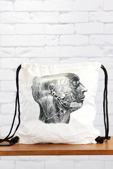 Drawstring Backpack | Heads - anatomy, anatomy drawing, anatomy print, backpack, black and white, book bag, canvas, drawing, drawstring, gymsack, hand printed, head, heads, human - Wander Emporium