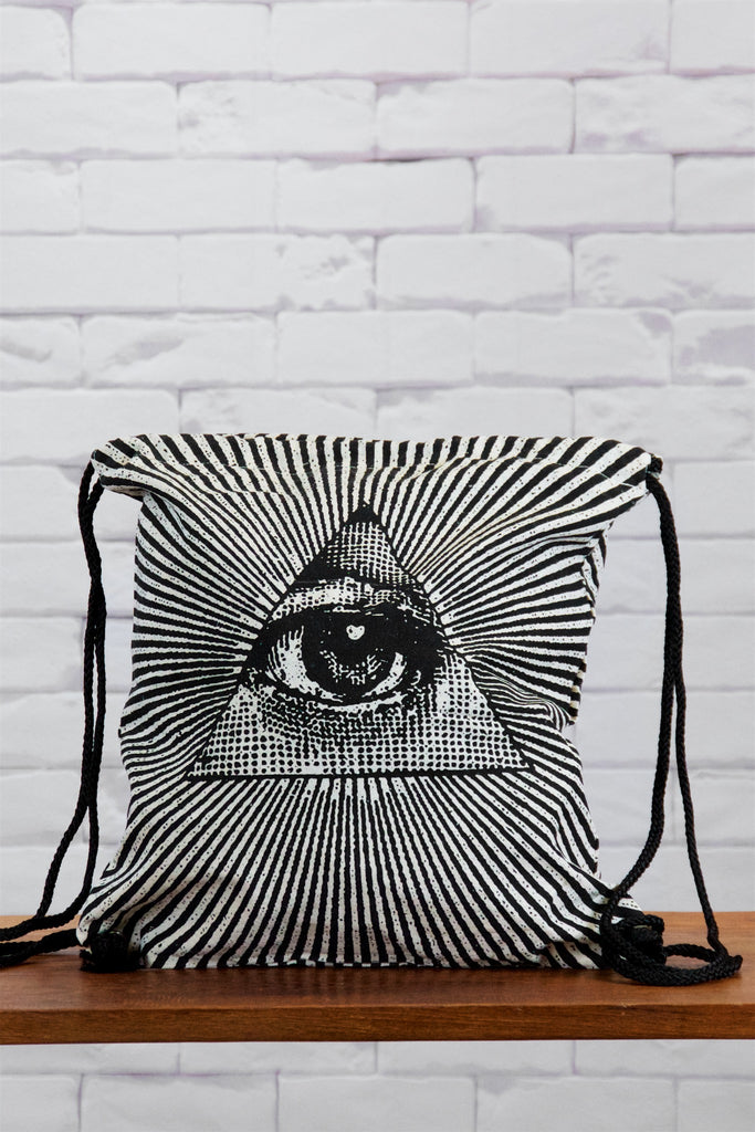 Drawstring Backpack | Triangle Eye - backpack, black and white, book bag, canvas, drawing, drawstring, eye, eyes, gymsack, hand printed, illuminati eye, third eye - Wander Emporium