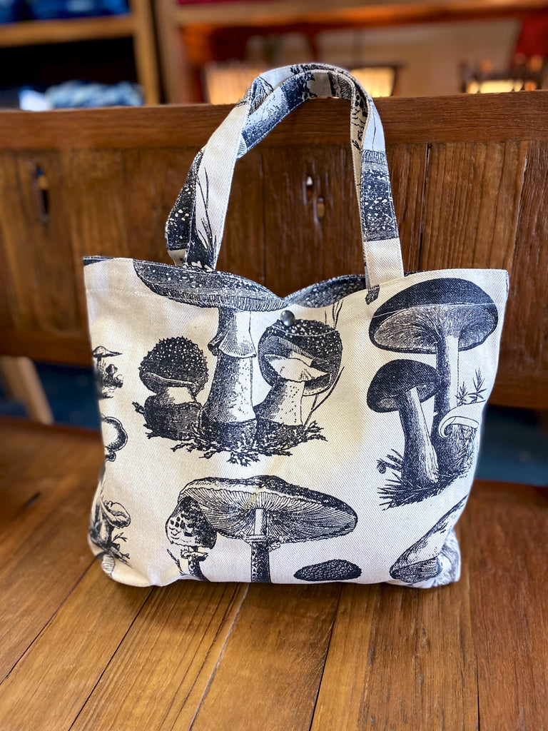 Handbag | Mushrooms - bag, biology, black and white, handbag, morel, mushrooms, nature, porcini, Shopper, small, snap button, Tote, tote bag - Wander Emporium