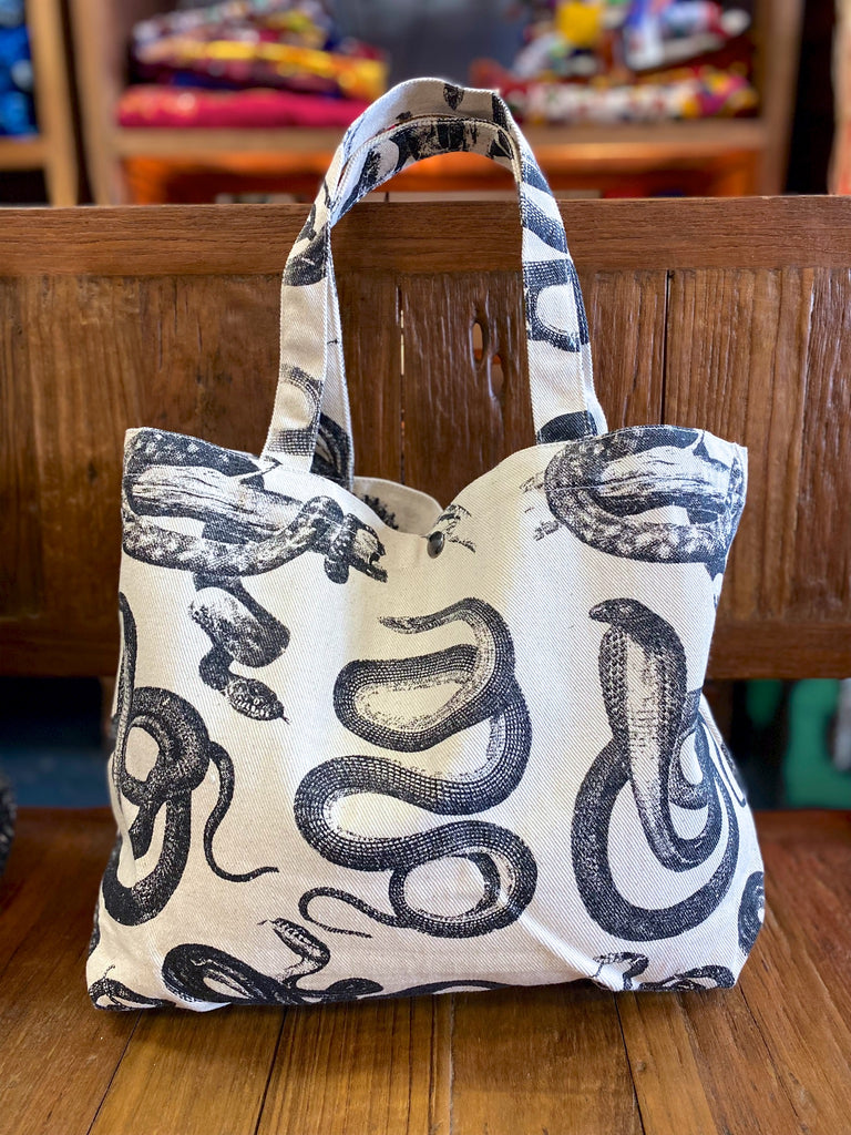 Handbag | Snakes - bag, biology, black and white, handbag, nature, rattlesnake, Shopper, small, snake, snakes, snap button, Tote, tote bag - Wander Emporium